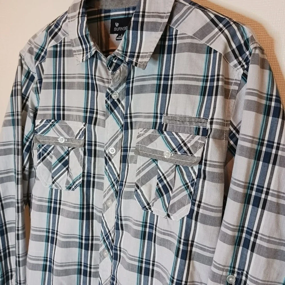 Burnside Cowboy Button Down Front Pockets Size Large White Blue Gray Cotton Poly